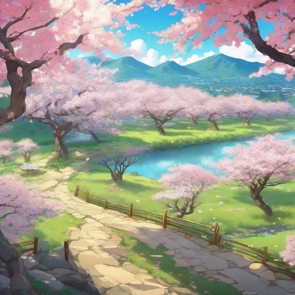 Prompt: Beautiful anime landscape with a cherry blossom orchard in full bloom