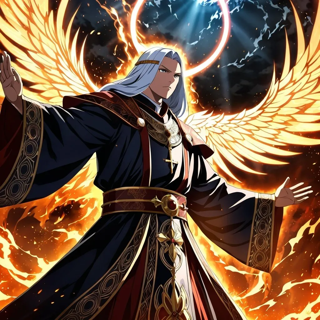 Prompt: Anime artwork of a wise and holy priest cleric, battling demons from hell, intense and focused gaze, detailed robes with intricate patterns, radiant holy aura, dramatic lighting, highres, ultra-detailed, anime, fantasy, intense battle, holy, detailed robes, dramatic lighting, radiant aura, demons, intense gaze