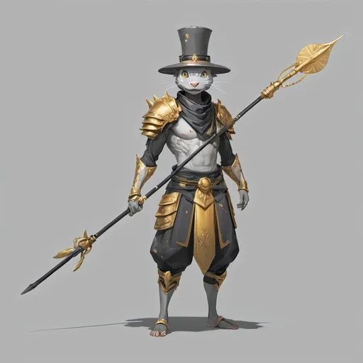 Prompt: a character in a costume holding a spear and a hat on a gray background with a gold spot in the middle, Ai-Mitsu, mingei, lostfish, concept art