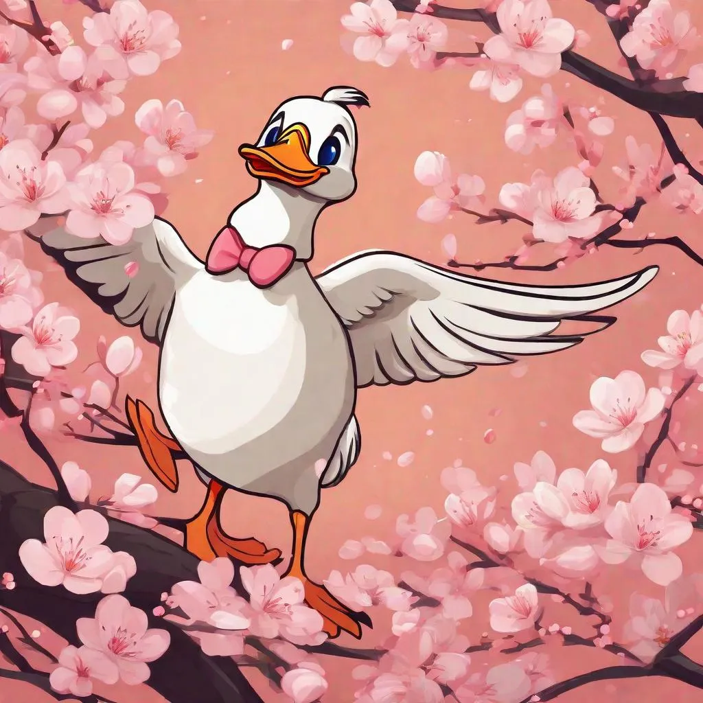 Prompt: a funny cartoon duck in a cherry blossom orchard in full bloom in the style of modern Pixar