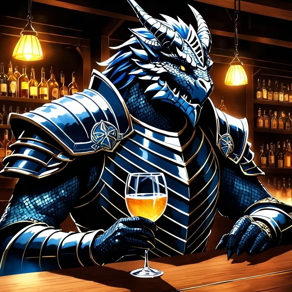 Prompt: Anime illustration of a Dragonborn Paladin heavily drinking in a bar, fantasy setting,  black scales, intense expression, mystical aura, dramatic lighting, best quality, highres, anime, fantasy, detailed character design.