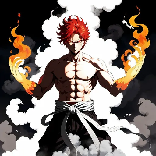 Prompt: a man with a red hair and a white body is standing in a cloud of smoke and fire with his arms outstretched, Baiōken Eishun, auto-destructive art, official art, concept art