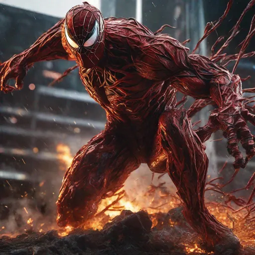 Prompt: Carnage, Highly Detailed, Hyperrealistic, sharp focus, Professional, UHD, HDR, 16K, Render, Album cover, electronic, dramatic, vivid, pressure, stress, nervous vibe, loud, tension, traumatic, dark, cataclysmic, violent, outdoor, fighting, Epic, heroic, protagonist, 