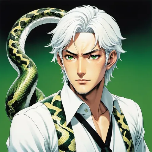 Prompt: a man with white hair and a white shirt with a snake on his shoulder and a green background with black spots, Adam Manyoki, rococo, yusuke murata, a manga character portrait