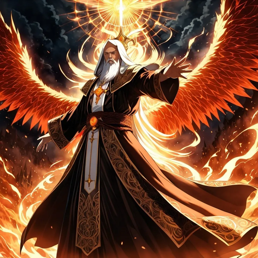 Prompt: Anime artwork of a wise and holy priest cleric, battling demons from hell, intense and focused gaze, detailed robes with intricate patterns, radiant holy aura, dramatic lighting, highres, ultra-detailed, anime, fantasy, intense battle, holy, detailed robes, dramatic lighting, radiant aura, demons, intense gaze