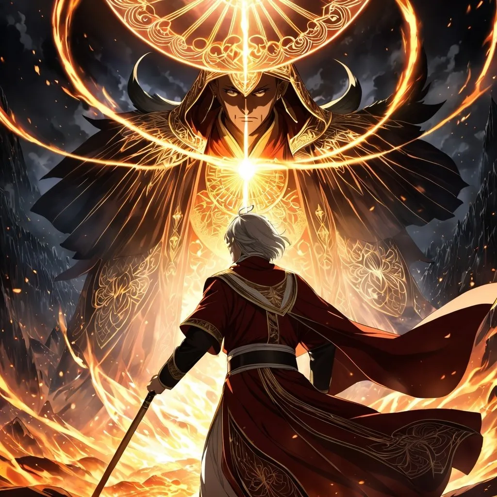 Prompt: Anime artwork of a wise and holy priest cleric, battling demons from hell, intense and focused gaze, detailed robes with intricate patterns, radiant holy aura, dramatic lighting, highres, ultra-detailed, anime, fantasy, intense battle, holy, detailed robes, dramatic lighting, radiant aura, demons, intense gaze