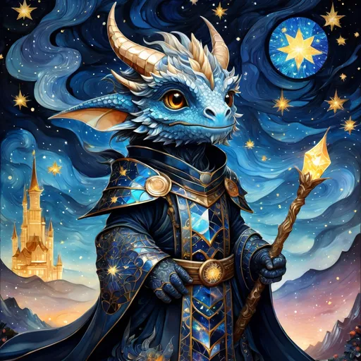 Prompt: an adorable chibi dragonborn wizard, dark starry night, gorgeous eyes, stained glass, fantasy illustration, textured with large visible brush strokes, detailed scales, hypermaximalism, astral patterns, star lit sky, masterpiece, breathtaking intricate details, in the style of Andreas Lie, van Gogh, Hokusai, Luke Gram, Albert Robida, Victo Ngai