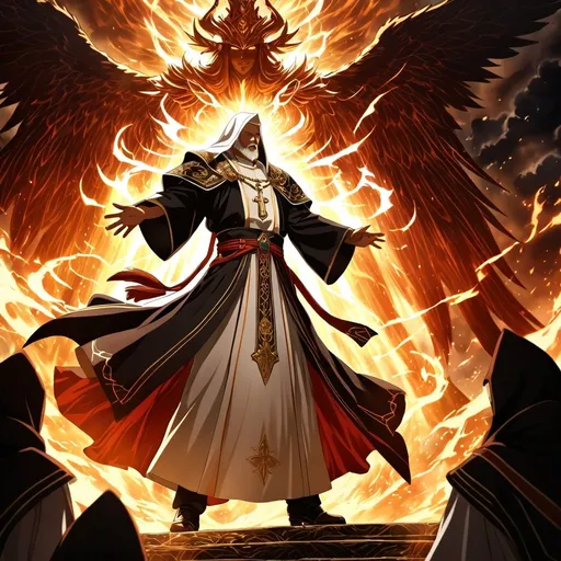 Prompt: Anime artwork of a wise and holy priest cleric, battling demons from hell, intense and focused gaze, detailed robes with intricate patterns, radiant holy aura, dramatic lighting, highres, ultra-detailed, anime, fantasy, intense battle, holy, detailed robes, dramatic lighting, radiant aura, demons, intense gaze