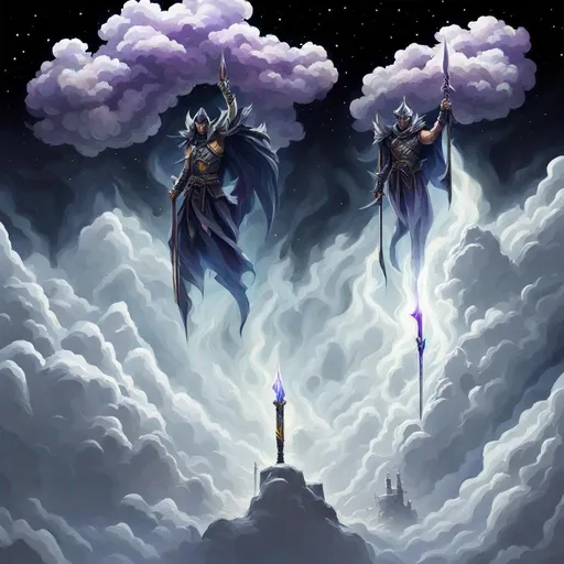 Prompt: sci-fi armoured ninja god son of ares yellow electric aura wielding purple greek fire katana standing on mountain about to attack with dark flame dragon celestial cloud background