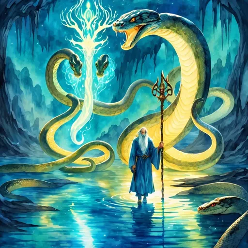 Prompt: Anime illustration of an old elf cleric holding the staff of python, walking on glowing blue lake, surrounded by the god of all pythons, highres, fantasy, detailed facial features, watercolor painting, ethereal glow, mythical creatures, ancient aura, serene atmosphere, vibrant colors, majestic lighting