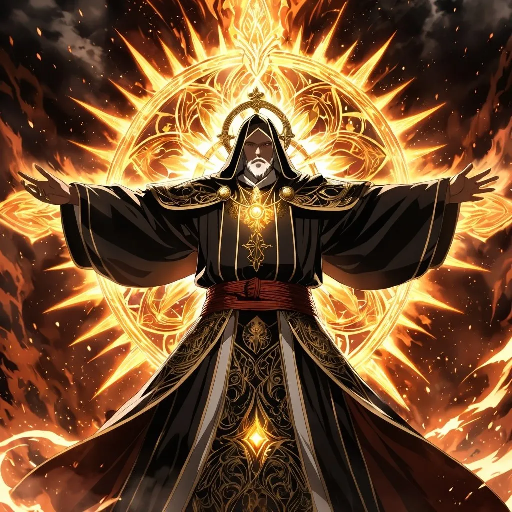 Prompt: Anime artwork of a wise and holy priest cleric, battling demons from hell, intense and focused gaze, detailed robes with intricate patterns, radiant holy aura, dramatic lighting, highres, ultra-detailed, anime, fantasy, intense battle, holy, detailed robes, dramatic lighting, radiant aura, demons, intense gaze