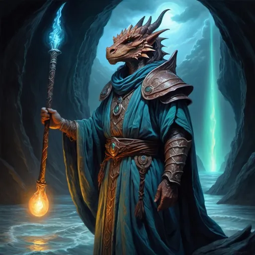 Prompt: Brave dragonborn adventurer at the edge of the infinite void, flowing robe, glowing staff, mystical, ethereal, surreal lighting, captivating colors, magical, dark and mysterious, surreal, infinite expanse, high quality oil painting, detailed, ancient, fantasy art, professional, artistic rendering, surreal, detailed facial features, detailed scales, mystical atmosphere, enchanting, captivating, surreal lighting