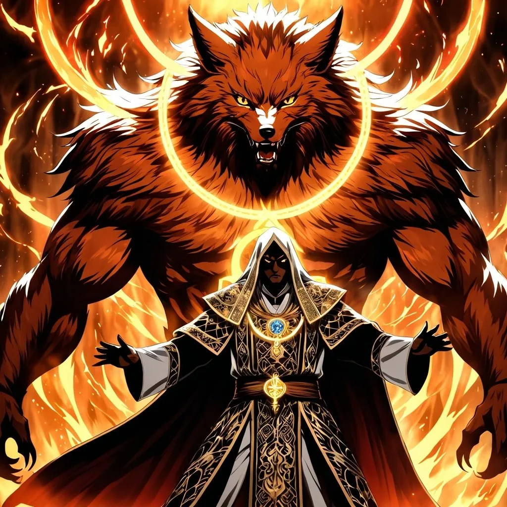 Prompt: Anime artwork of a wise and holy fenic fox beast-man priest cleric, battling demons from hell, intense and focused gaze, detailed robes with intricate patterns, radiant holy aura, dramatic lighting, highres, ultra-detailed, anime, fantasy, intense battle, holy, detailed robes, dramatic lighting, radiant aura, demons, intense gaze