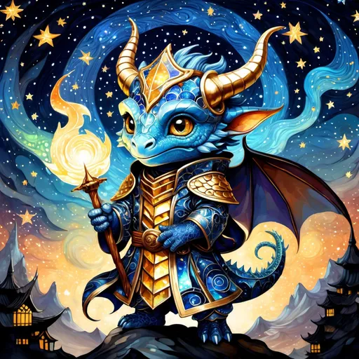 Prompt: an adorable chibi dragonborn wizard, dark starry night, gorgeous eyes, stained glass, fantasy illustration, textured with large visible brush strokes, detailed scales, hypermaximalism, astral patterns, star lit sky, masterpiece, breathtaking intricate details, in the style of Andreas Lie, van Gogh, Hokusai, Luke Gram, Albert Robida, Victo Ngai