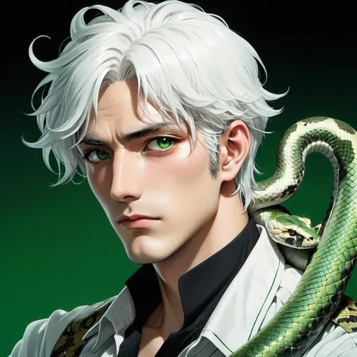 Prompt: Manga portrait of Adam Manyoki with white hair and shirt, snake on shoulder, rococo style, green background with black spots, detailed features, high quality, yusuke murata, manga, rococo, detailed white hair, snake on shoulder, intense gaze, professional, vibrant green background, black spots, atmospheric lighting