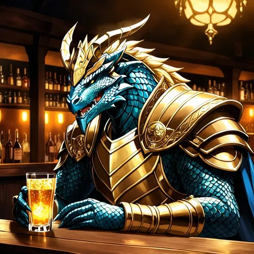 Prompt: Anime illustration of a Dragonborn Paladin heavily drinking in a bar, fantasy setting,  gold scales, intense expression, mystical aura, dramatic lighting, best quality, highres, anime, fantasy, detailed character design.