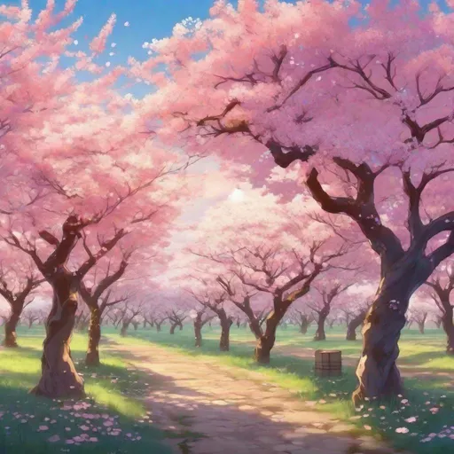 Prompt: Beautiful anime landscape with a cherry blossom orchard in full bloom