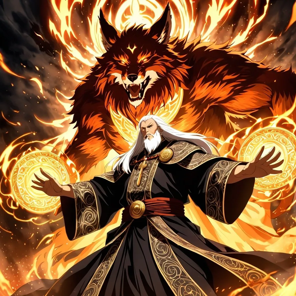 Prompt: Anime artwork of a wise and holy fenic fox beast-man priest cleric, battling demons from hell, intense and focused gaze, detailed robes with intricate patterns, radiant holy aura, dramatic lighting, highres, ultra-detailed, anime, fantasy, intense battle, holy, detailed robes, dramatic lighting, radiant aura, demons, intense gaze