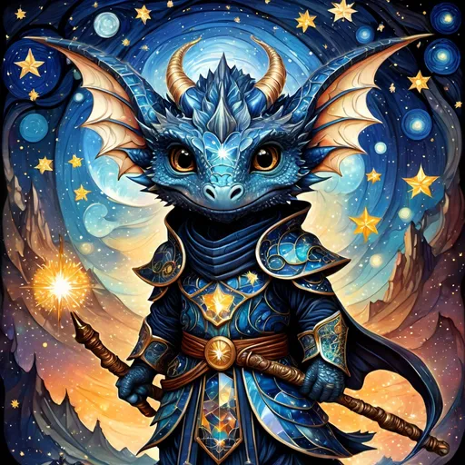 Prompt: an adorable chibi dragonborn wizard, dark starry night, gorgeous eyes, stained glass, fantasy illustration, textured with large visible brush strokes, detailed scales, hypermaximalism, astral patterns, star lit sky, masterpiece, breathtaking intricate details, in the style of Andreas Lie, van Gogh, Hokusai, Luke Gram, Albert Robida, Victo Ngai