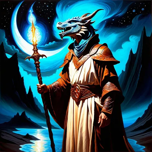 Prompt: Brave dragonborn adventurer at the edge of the infinite void, flowing robe, glowing staff, mystical, ethereal, surreal lighting, captivating colors, magical, dark and mysterious, surreal, infinite expanse, high quality oil painting, detailed, ancient, fantasy art, professional, artistic rendering, surreal, detailed facial features, detailed scales, mystical atmosphere, enchanting, captivating, surreal lighting