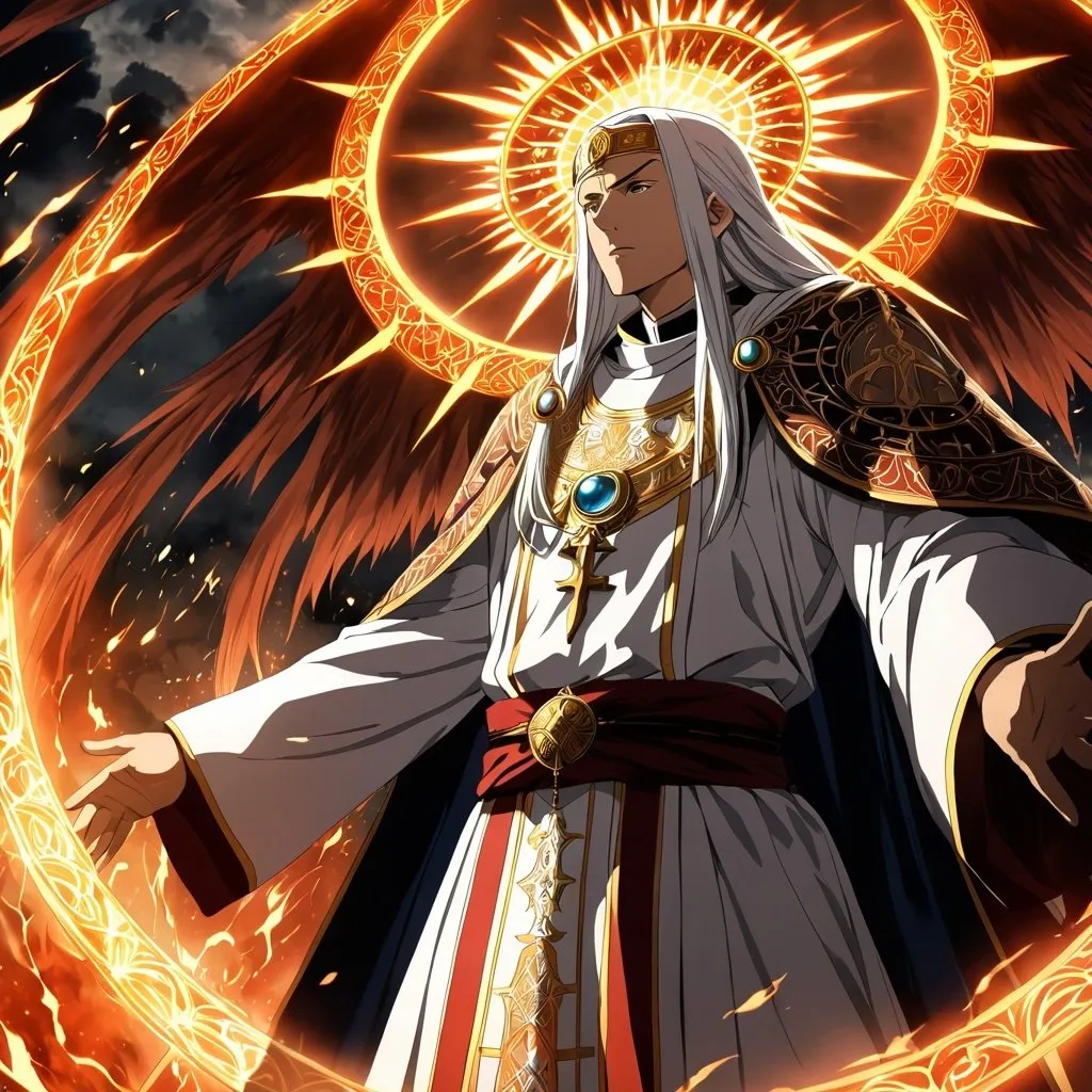 Prompt: Anime artwork of a wise and holy priest cleric, battling demons from hell, intense and focused gaze, detailed robes with intricate patterns, radiant holy aura, dramatic lighting, highres, ultra-detailed, anime, fantasy, intense battle, holy, detailed robes, dramatic lighting, radiant aura, demons, intense gaze