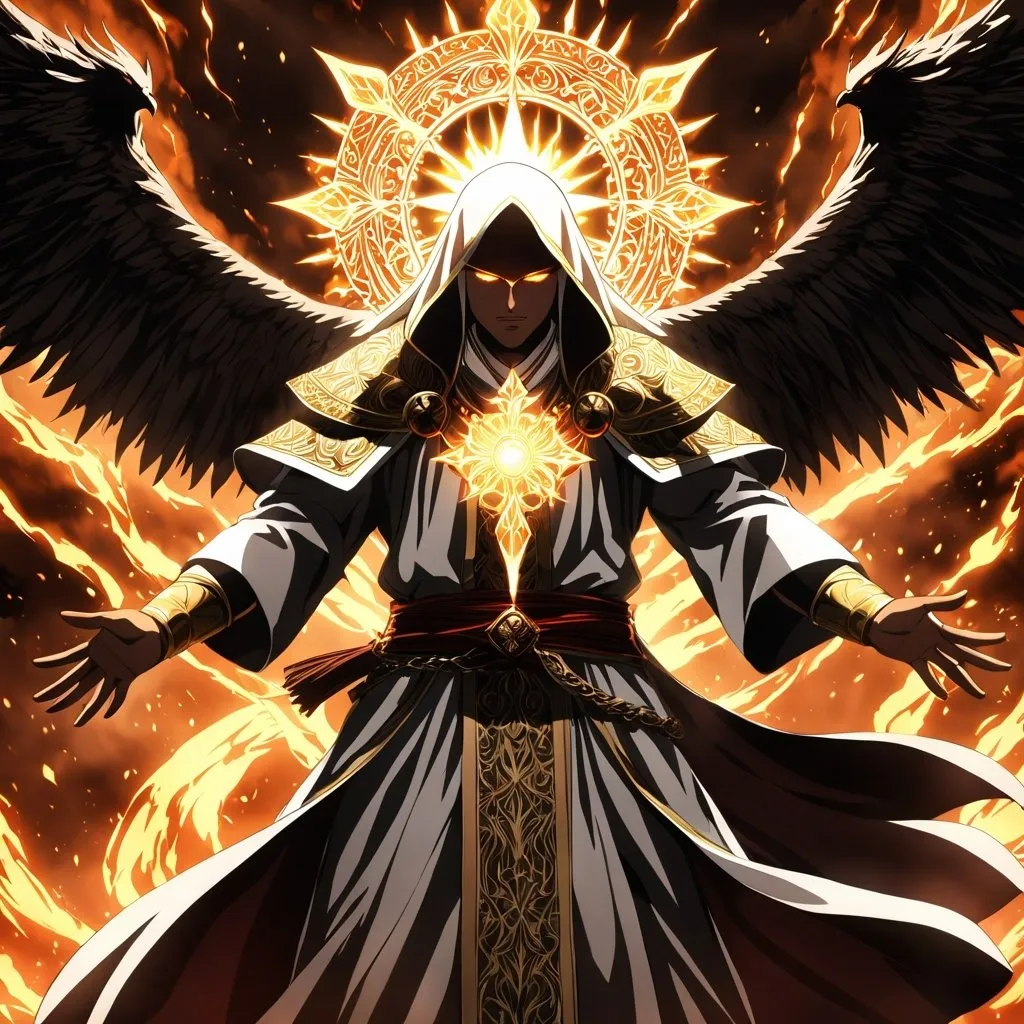 Prompt: Anime artwork of a wise and holy priest cleric, battling demons from hell, intense and focused gaze, detailed robes with intricate patterns, radiant holy aura, dramatic lighting, highres, ultra-detailed, anime, fantasy, intense battle, holy, detailed robes, dramatic lighting, radiant aura, demons, intense gaze