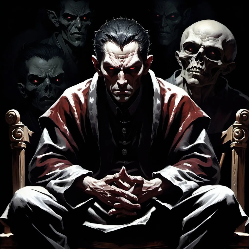 Prompt: Man sitting in a chair, folded hands, demonic figure behind, traditional painting, detailed facial expressions, dark and eerie atmosphere, highres, detailed, sots art, character portrait, official art, intense gaze, ominous presence, deep shadows, haunting style, sinister lighting