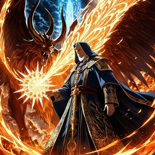 Prompt: Anime artwork of a wise and holy priest cleric, battling demons from hell, intense and focused gaze, detailed robes with intricate patterns, radiant holy aura, dramatic lighting, highres, ultra-detailed, anime, fantasy, intense battle, holy, detailed robes, dramatic lighting, radiant aura, demons, intense gaze