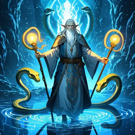 Prompt: Anime illustration of an old elf cleric holding the staff of python, surrounded by the god of all pythons, walking on a glowing blue lake, ethereal glow, detailed facial features, magical anime, highres, ultra-detailed, anime, fantasy, glowing blue, godly presence, mystical, detailed character design, professional, atmospheric lighting