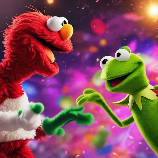 Prompt: Angry Elmo in anime battle against Kermit the Frog, high detailed, intense action scene, anime, bright and vibrant colors, dynamic lighting, fierce expressions, high energy, intense fight, professional, vibrant colors, dynamic lighting, high detailed, anime battle, intense expressions