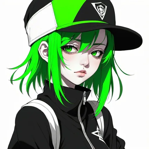 Prompt: a drawing of a person with green hair and a black outfit and a green hat and a black and white background, Eizan Kikukawa, auto-destructive art, anime art style, concept art