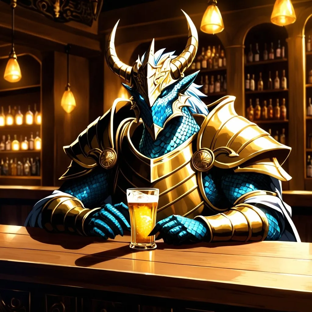 Prompt: Anime illustration of a Dragonborn Paladin heavily drinking in a bar, fantasy setting,  gold scales, intense expression, mystical aura, dramatic lighting, best quality, highres, anime, fantasy, detailed character design.