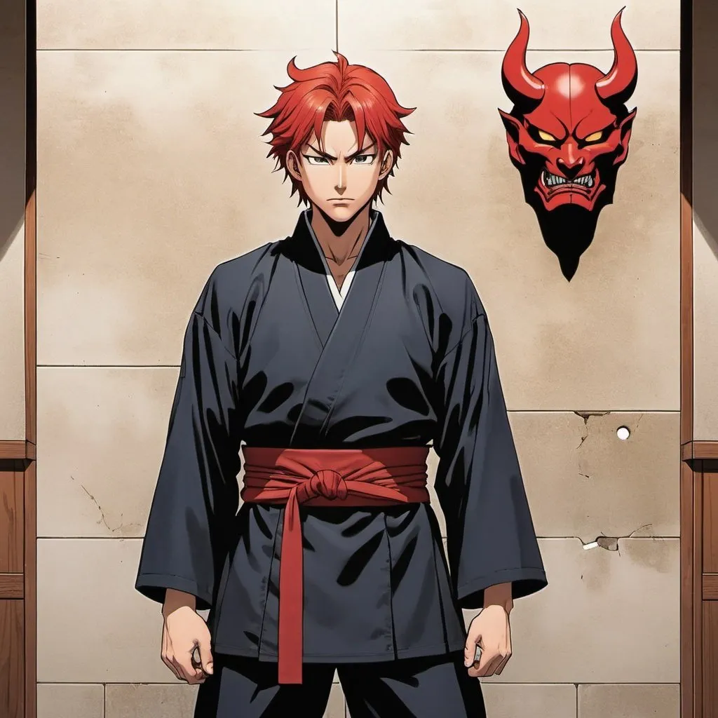 Prompt: a man with red hair and a demon mask on, standing in front of a wall with a hole in it, Baiōken Eishun, sots art, official art, a comic book panel