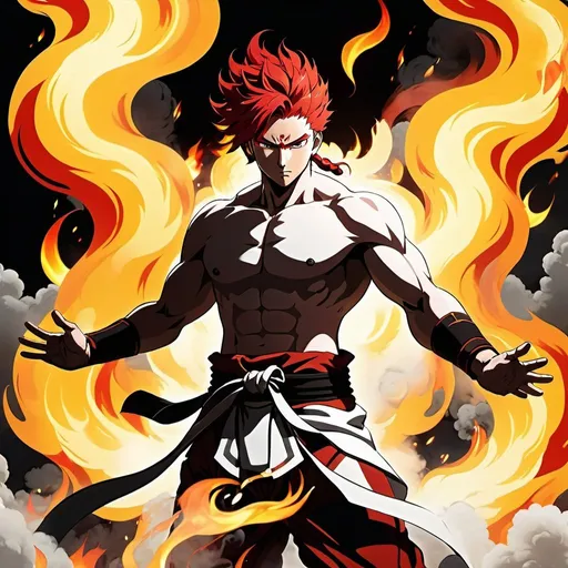 Prompt: a man with a red hair and a white body is standing in a cloud of smoke and fire with his arms outstretched, Baiōken Eishun, auto-destructive art, official art, concept art