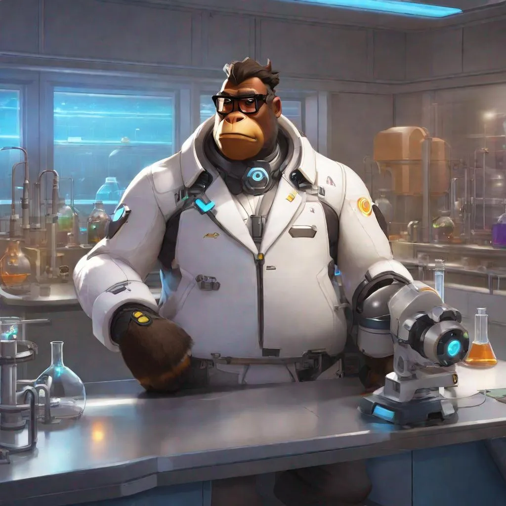 Prompt: Winston from Overwatch in science lab