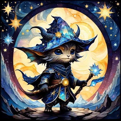 Prompt: an adorable chibi dragonborn wizard, dark starry night, gorgeous eyes, stained glass, fantasy illustration, textured with large visible brush strokes, hypermaximalism, astral patterns, star lit sky, masterpiece, breathtaking intricate details, in the style of Andreas Lie, van Gogh, Hokusai, Luke Gram, Albert Robida, Victo Ngai