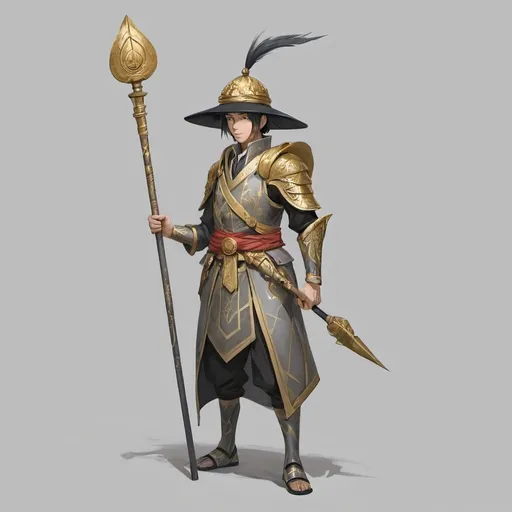 Prompt: a character in a costume holding a spear and a hat on a gray background with a gold spot in the middle, Ai-Mitsu, mingei, lostfish, concept art