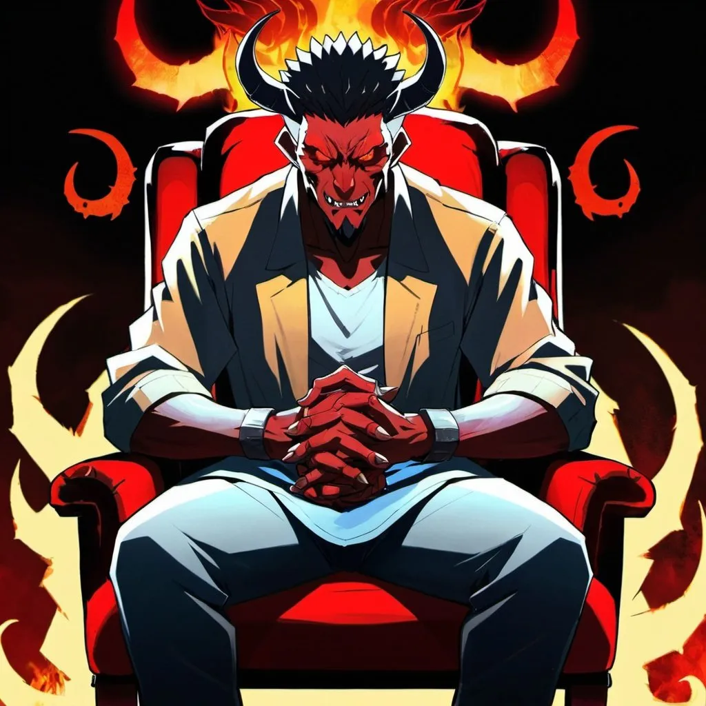 Prompt: a man sitting in a chair with his hands folded in front of him and a demon behind him with his hands folded in front of him, Adam Manyoki, sots art, official art, a character portrait