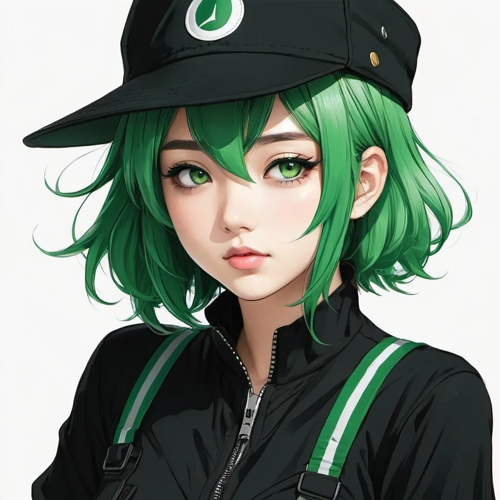 a drawing of a person with green hair and a black ou...