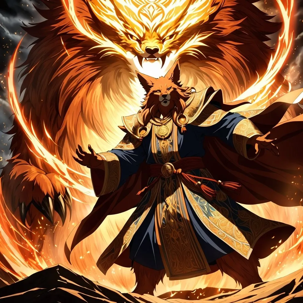 Prompt: Anime artwork of a wise and holy fenic fox beast-man priest cleric, battling demons from hell, intense and focused gaze, detailed robes with intricate patterns, radiant holy aura, dramatic lighting, highres, ultra-detailed, anime, fantasy, intense battle, holy, detailed robes, dramatic lighting, radiant aura, demons, intense gaze