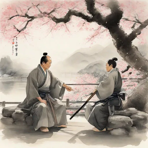 Prompt: Sensei Wu teaching a samurai to use a staff, traditional Japanese ink painting, serene cherry blossom garden, master-student interaction, flowing brushstrokes, high-detail, ink painting, traditional, peaceful, detailed characters, focused teaching, cherry blossom garden, sensei apprentice interaction, serene, tranquil, black ink, traditional style, master-student dynamic, calm lighting
