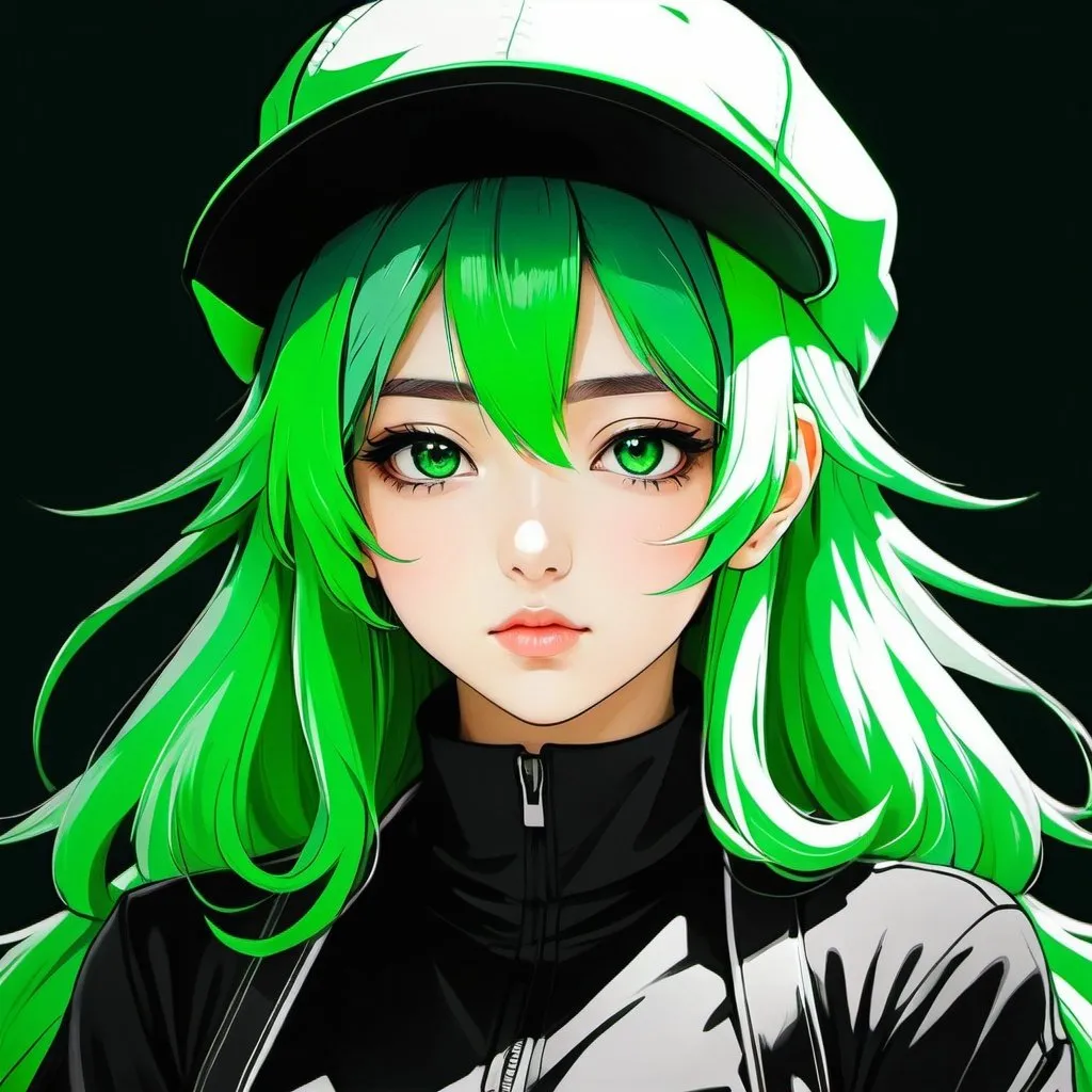 Prompt: a drawing of a person with green hair and a black outfit and a green hat and a black and white background, Eizan Kikukawa, auto-destructive art, anime art style, concept art