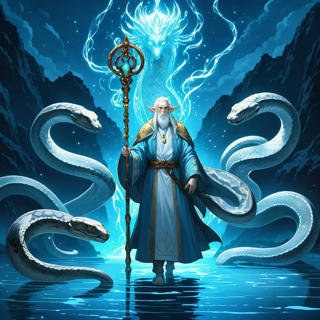 Prompt: Anime illustration of an old elf cleric holding the staff of python, surrounded by the god of all pythons, walking on a glowing blue lake, ethereal glow, detailed facial features, magical anime, highres, ultra-detailed, anime, fantasy, glowing blue, godly presence, mystical, detailed character design, professional, atmospheric lighting