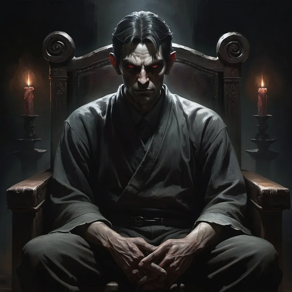 Prompt: Man sitting in a chair, folded hands, demonic figure behind, traditional painting, detailed facial expressions, dark and eerie atmosphere, highres, detailed, sots art, character portrait, official art, intense gaze, ominous presence, deep shadows, haunting style, sinister lighting