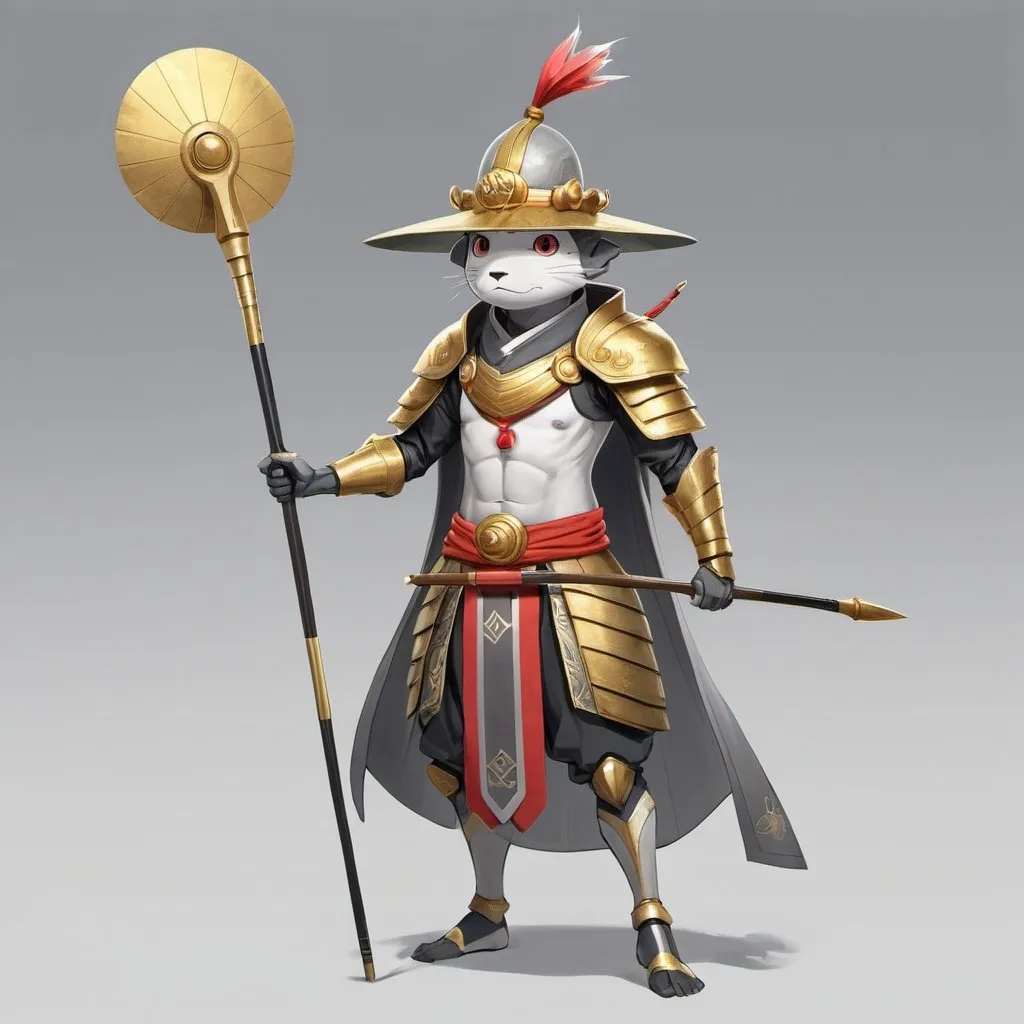 Prompt: a character in a costume holding a spear and a hat on a gray background with a gold spot in the middle, Ai-Mitsu, mingei, lostfish, concept art