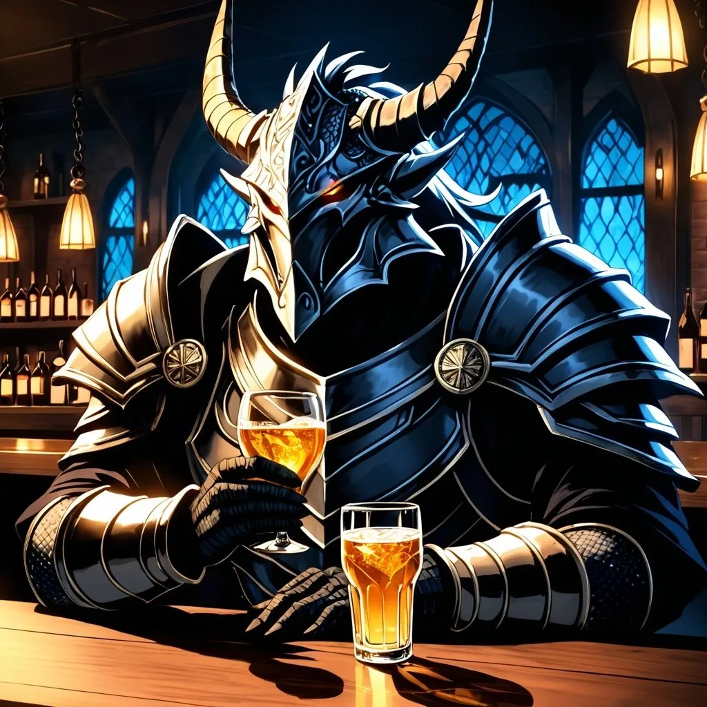 Prompt: Anime illustration of a Dragonborn Paladin heavily drinking in a bar, fantasy setting,  black scales, intense expression, mystical aura, dramatic lighting, best quality, highres, anime, fantasy, detailed character design.