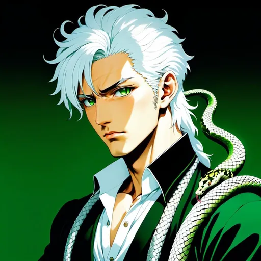 Prompt: Manga portrait of Adam Manyoki with white hair and shirt, snake on shoulder, rococo style, green background with black spots, detailed features, high quality, yusuke murata, manga, rococo, detailed white hair, snake on shoulder, intense gaze, professional, vibrant green background, black spots, atmospheric lighting