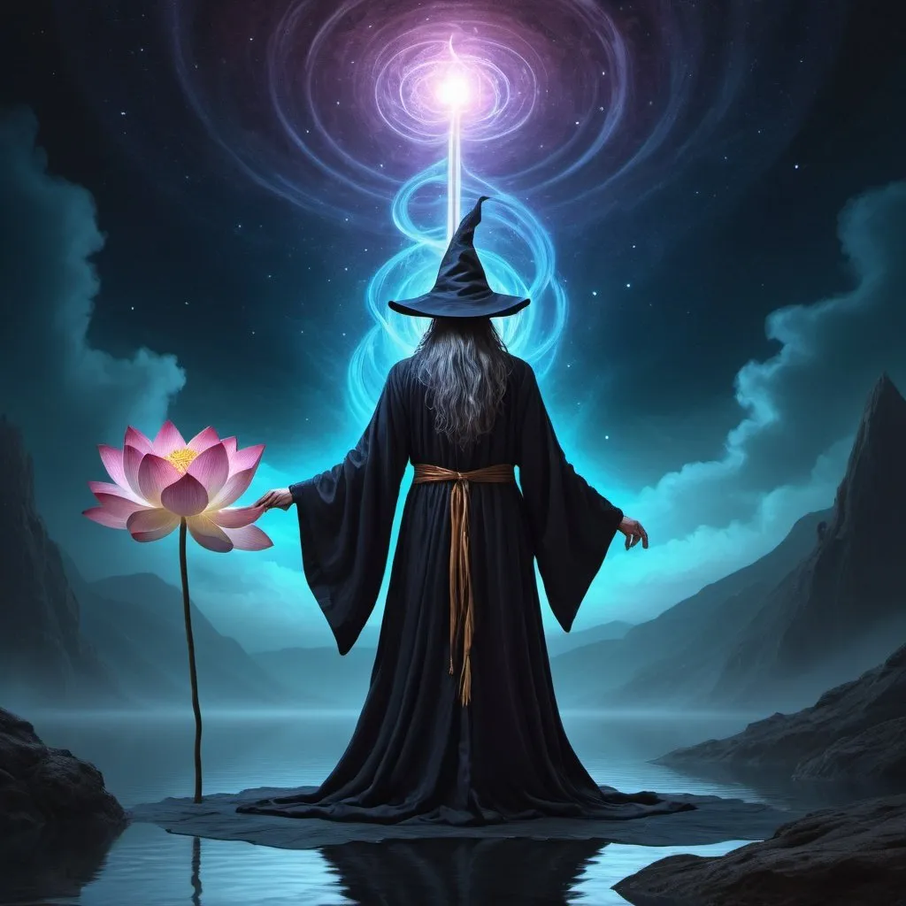 Prompt: Wizard at the edge of the infinite void, solitary lotus flower, mystical, ethereal, high quality, detailed, fantasy art, magical, dark and mysterious, surreal lighting, captivating colors, flowing robe, glowing staff, surreal, infinite expanse, professional, artistic rendering