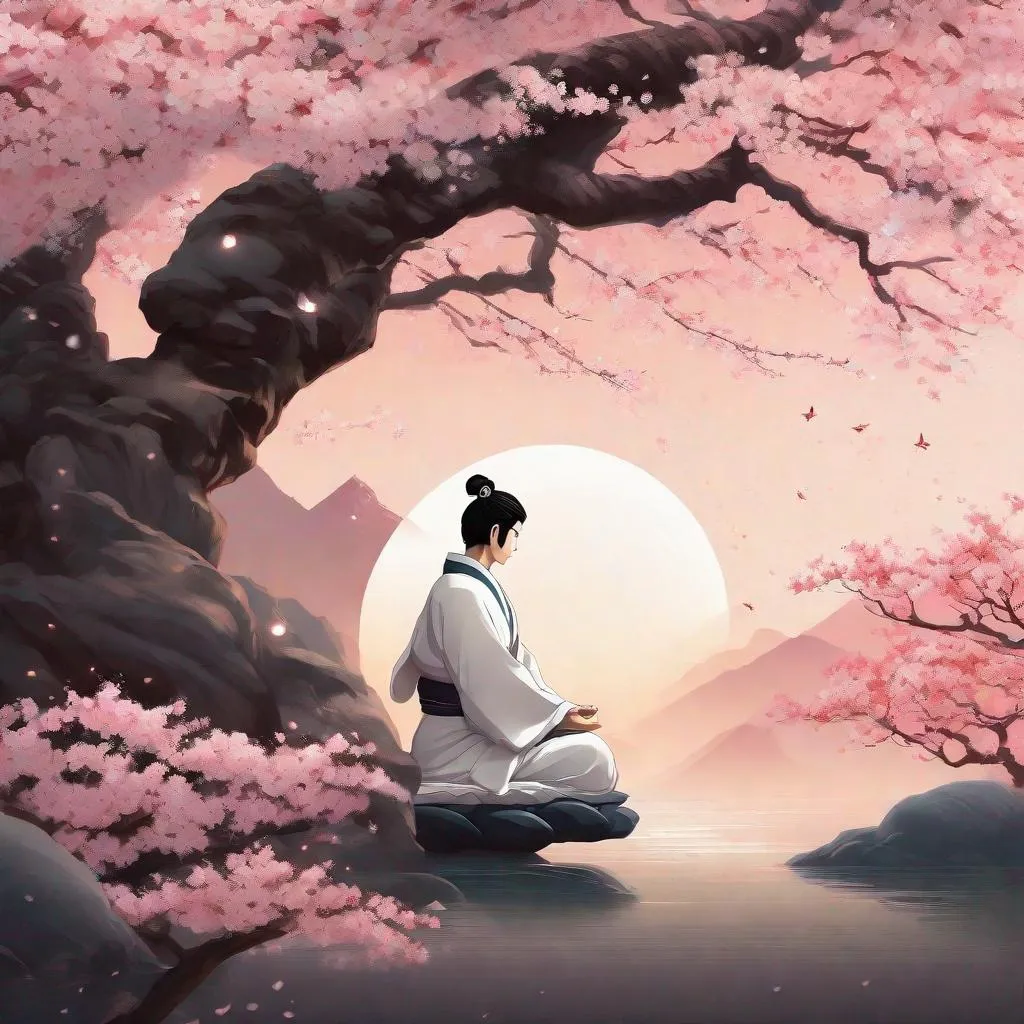 Prompt: Genji meditating in front of cherry blossom tree, traditional Japanese calligraphy, serene atmosphere, peaceful meditation, high quality, detailed, traditional art, serene, cherry blossom, meditation, Japanese culture, peaceful, detailed, calm, traditional, professional, atmospheric lighting