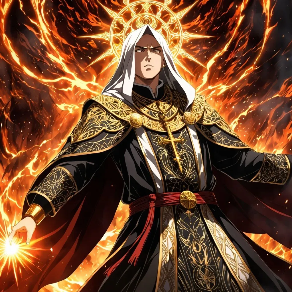 Prompt: Anime artwork of a wise and holy priest cleric, battling demons from hell, intense and focused gaze, detailed robes with intricate patterns, radiant holy aura, dramatic lighting, highres, ultra-detailed, anime, fantasy, intense battle, holy, detailed robes, dramatic lighting, radiant aura, demons, intense gaze